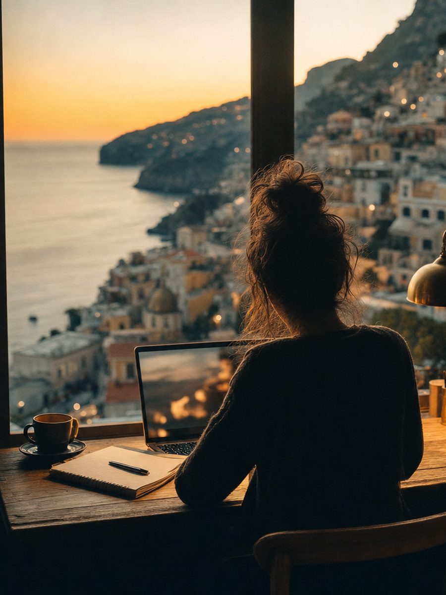 Persona trabajando con su portátil frente a una ventana con vistas al mar al atardecer